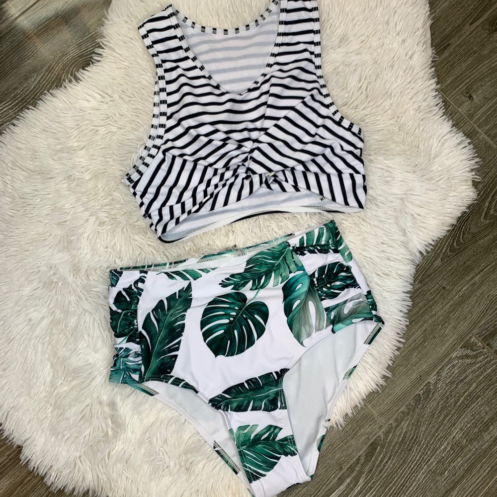 Palm leaf and stripes High waist bikini